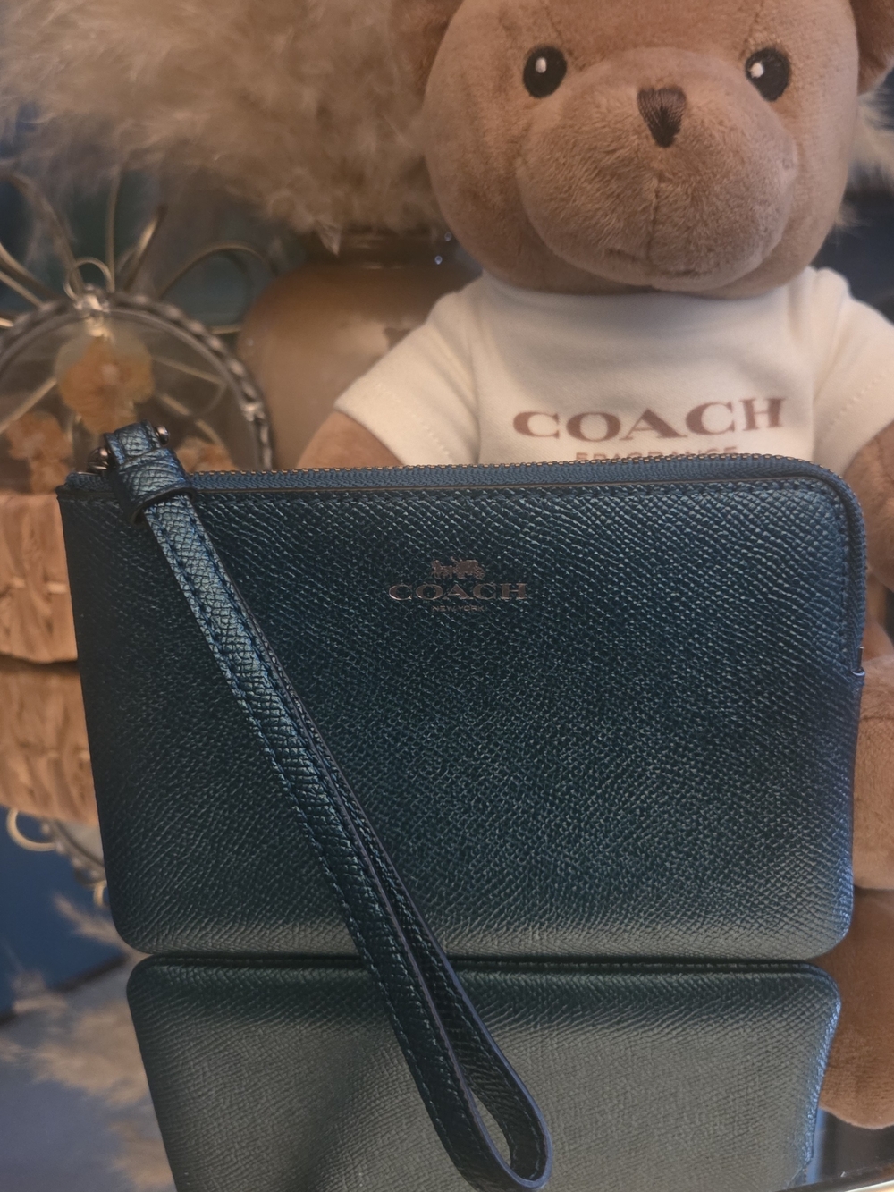 Coach Dark Teal Green Crossgrain Leather Zip Wristlet Wallet